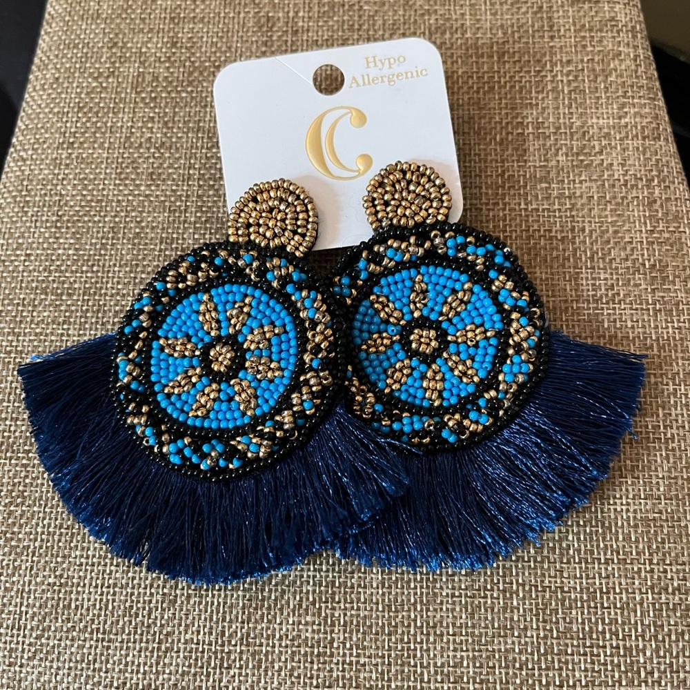 Blue & Gold Seed Beaded, Fringed Boho Pierced Earrings